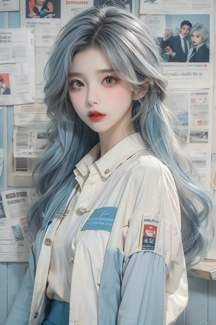  (Reality :1.3), Official art, Uniform 8k quality, Super Detail, 1girl, solo, long hair, looking at viewer, shirt, jacket, white shirt, blue jacket, long sleeve, light blue hair, newspaper wall background, lips, sleeves past wrists, grey eyes, red lips, (/qingning/), (\MBTI\)