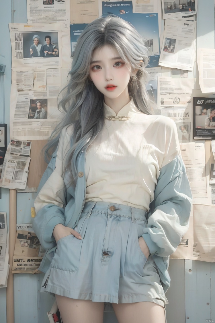  1girl, solo, long hair, looking at viewer, skirt, shirt, standing, jacket, white shirt, light blue hair, newspaper, newspaper wall, lips, wall, gray wall, newspaper are covered with walls, put one hand in pocket, body close to the wall, sleeves past wrists, grey eyes, red lips, mjuanlian, (/qingning/), (\ji jian\), (/qingning/)