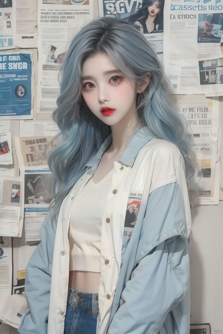  1girl, solo, long hair, looking at viewer, shirt, standing, jacket, white shirt, blue jacket, light blue hair, newspaper wall, newspaper wall background, lips, sleeves past wrists, grey eyes, red lips, (/qingning/)
