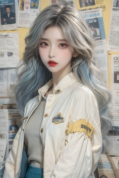  (Reality :1.3), Official art, Uniform 8k quality, Super Detail, 1girl, solo, long hair, looking at viewer, shirt, jacket, white shirt, yellow jacket, long sleeve, light blue hair, newspaper wall background, lips, sleeves past wrists, grey eyes, red lips, (/qingning/), (\MBTI\)