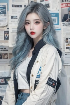  (Reality :1.3), Official art, Uniform 8k quality, Super Detail, 1girl, solo, long hair, looking at viewer, shirt, jacket, white shirt, blue jacket, long sleeve, light blue hair, newspaper wall background, lips, sleeves past wrists, grey eyes, red lips, (/qingning/), (\MBTI\)