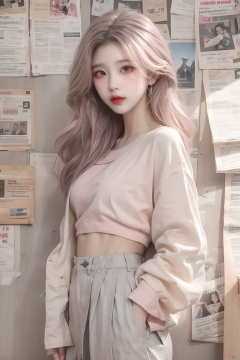  1girl, solo, long hair, looking at viewer, skirt, shirt, standing, jacket, pink shirt, pink hair, newspaper wall, lips, wall, gray wall, newspaper are covered with walls, put one hand in pocket, body close to the wall, sleeves past wrists, grey eyes, red lips, mjuanlian, (/qingning/), (\ji jian\), (\meng ze\)