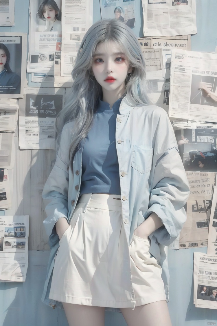  1girl, solo, long hair, looking at viewer, skirt, shirt, standing, jacket, white shirt, light blue hair, newspaper, newspaper wall, lips, wall, gray wall, newspaper are covered with walls, put one hand in pocket, body close to the wall, sleeves past wrists, grey eyes, red lips, mjuanlian, (/qingning/), (\ji jian\), (/qingning/), (\shuang hua\)