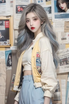  1girl, solo, long hair, looking at viewer, shirt, standing, jacket, white shirt, yellow jacket, light blue hair, newspaper wall, newspaper wall background, lips, sleeves past wrists, grey eyes, red lips, (/qingning/), (\ji jian\)