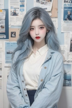  (Reality :1.3), Official art, Uniform 8k quality, Super Detail, 1girl, solo, long hair, looking at viewer, shirt, jacket, white shirt, blue jacket, long sleeve, light blue hair, newspaper wall background, lips, sleeves past wrists, grey eyes, red lips, (/qingning/), (\MBTI\)
