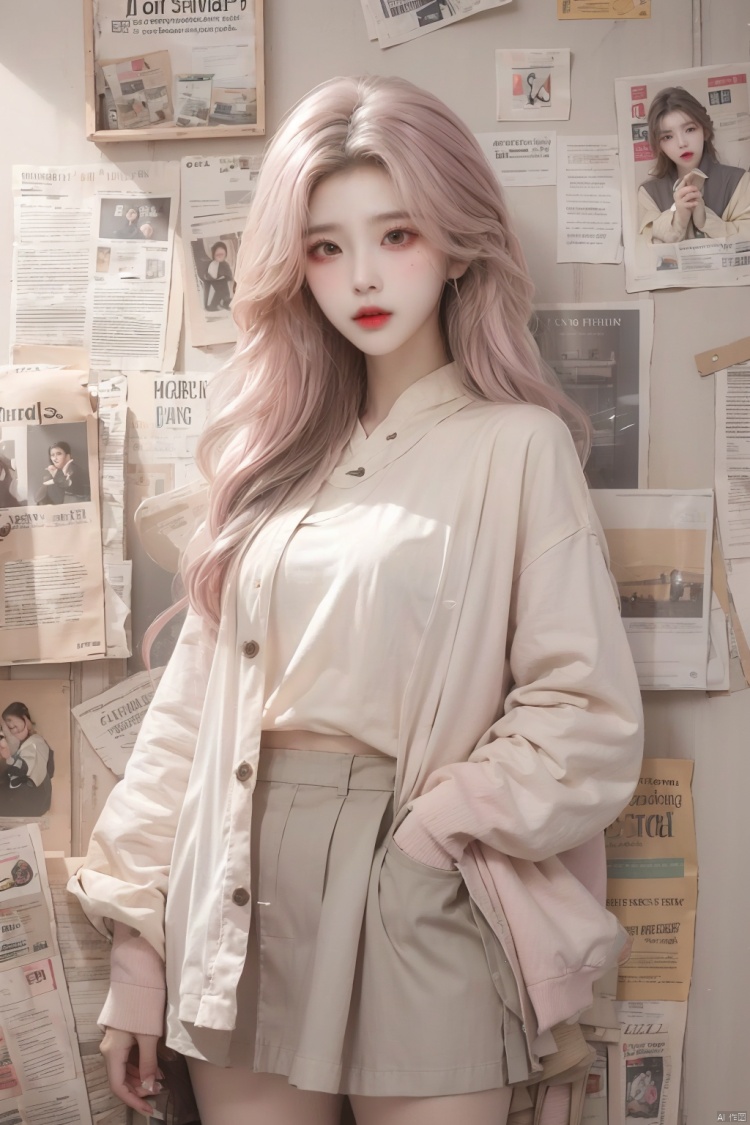  1girl, solo, long hair, looking at viewer, skirt, shirt, standing, jacket, pink shirt, pink hair, newspaper, newspaper wall, lips, wall, gray wall, newspaper are covered with walls, put one hand in pocket, body close to the wall, sleeves past wrists, grey eyes, red lips, mjuanlian, (/qingning/), (\ji jian\), (/qingning/), (\meng ze\)