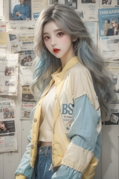  1girl, solo, long hair, looking at viewer, shirt, standing, jacket, white shirt, yellow jacket, light blue hair, newspaper wall, newspaper wall background, lips, sleeves past wrists, grey eyes, red lips, (/qingning/), (\ji jian\)