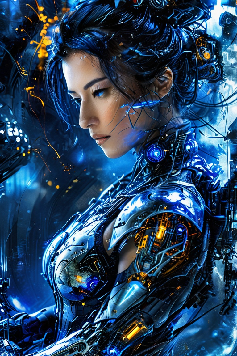 ((Generate hyper realistic image of captivating scene featuring a stunning sexy and seductive cyberpunk semi robotic girl,...
