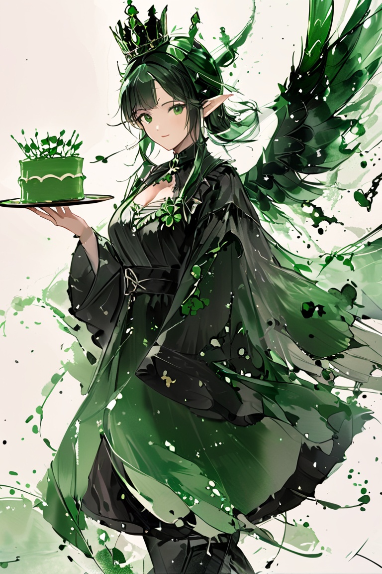 The noble wizard of Oz,  dressed in clothes decorated with four-leaf clover and wearing a crown made of four-leaf clover,...