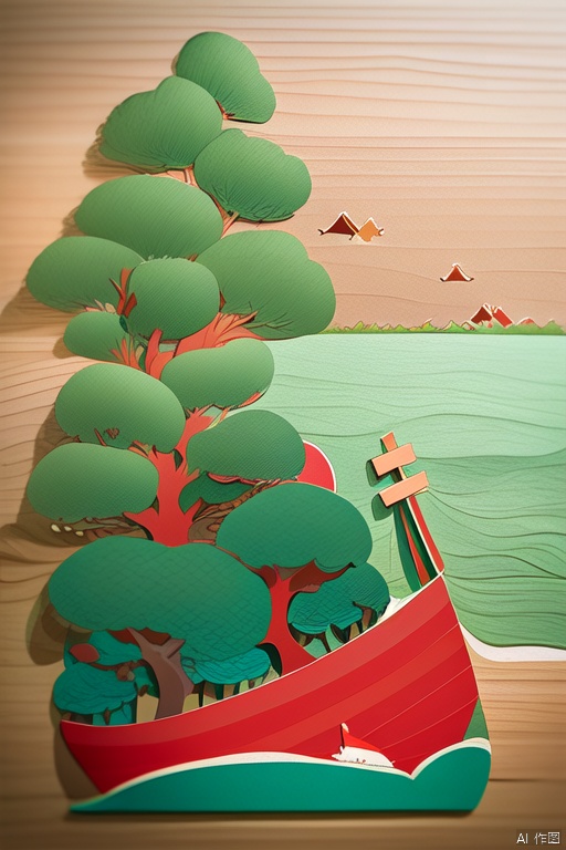  Children paper cut,red them, green them,seaside,boat,tree