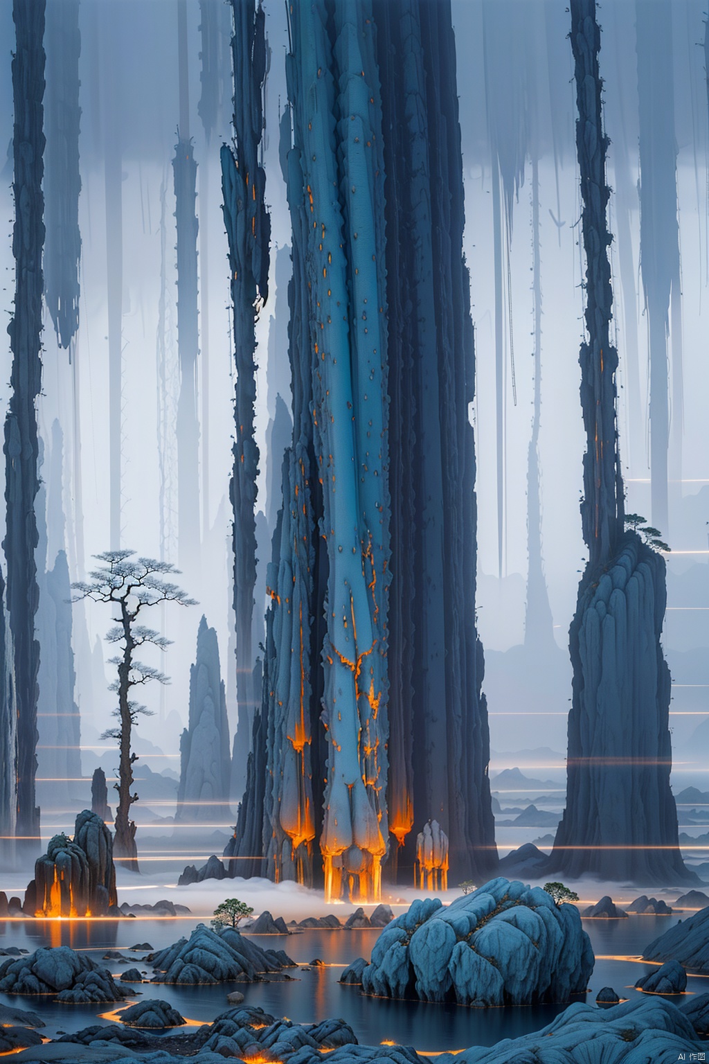 In a surrealist painting,  Towering trees,  mountains on Tensor.Art