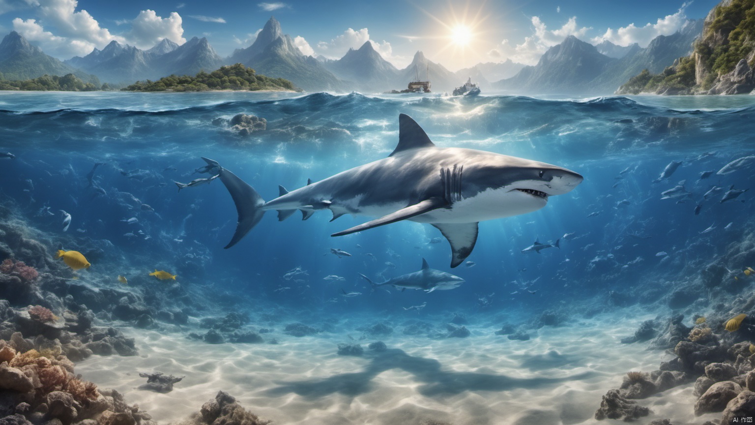  (sea 1.5),(lightning 1.5),(Sharks),,(Whales),,Underwater World,

A school of fish,
(Adequate sunlight 1.5),
(Optical materials 1.0),
(Water in glass materials 1.5),
(beach 1.9),
(wonderland 1.9),
Overlooking,Representative,boutique, Ultra HD, 
, reflection, masterpiece, true light and shadow, wide Angle, outdoors, sky, day,
, blue sky, (no humans 2),nature, scenery, Water, beach, 
 (High Quality), Best Quality, (4K), 8K, Super Detail, (Full Detail), (Masterpiece), (Realistic), Super Detail, (Exquisite Detail),,,Mountain peaks, blue sky, flowing water,Scenery, SDXL, lightning, sea, ufo, Lightning