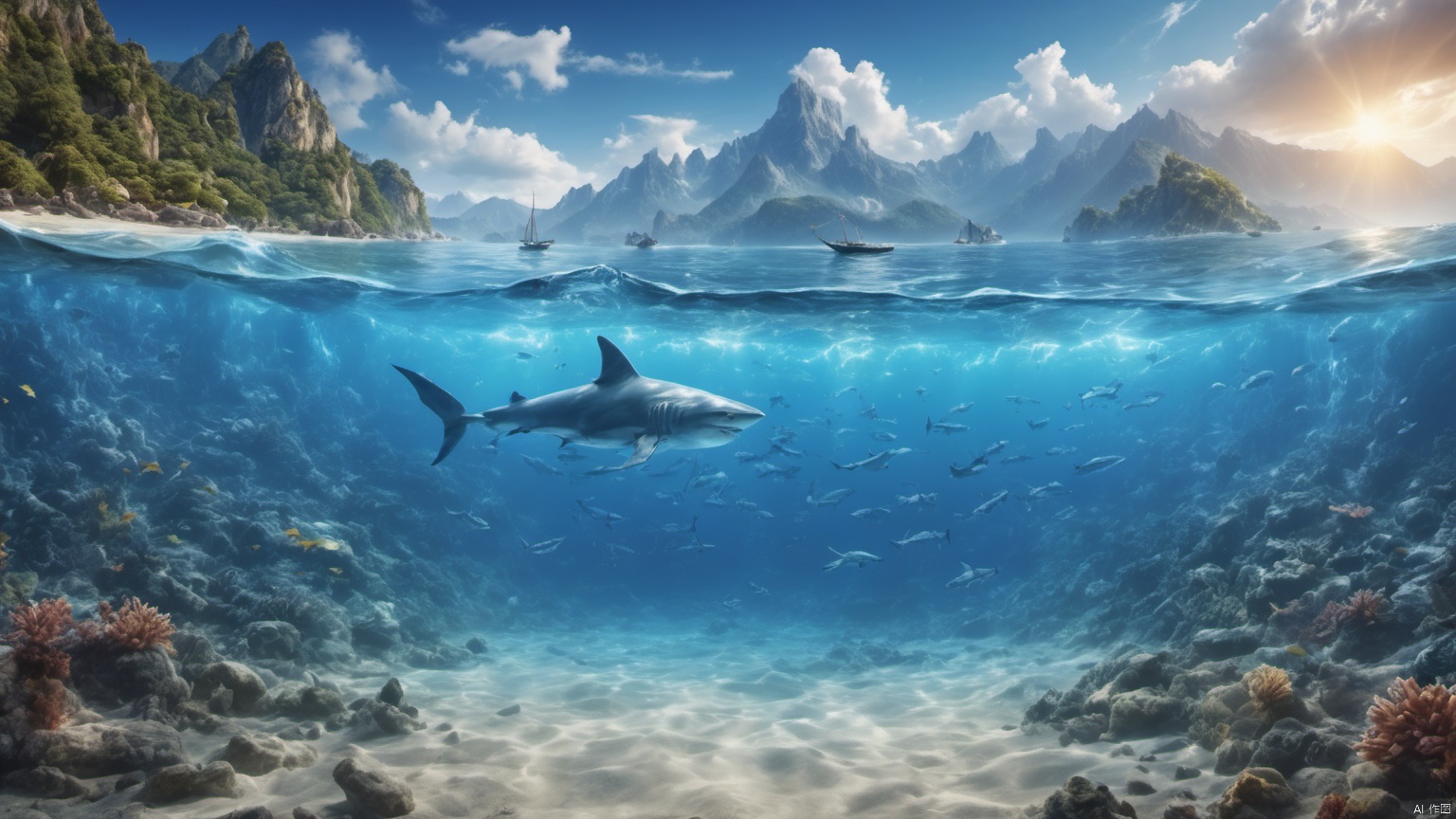  (sea 1.5),(lightning 1.5),(Sharks),,(Whales),,Underwater World,

A school of fish,
(Adequate sunlight 1.5),
(Optical materials 1.0),
(Water in glass materials 1.5),
(beach 1.9),
(wonderland 1.9),
Overlooking,Representative,boutique, Ultra HD, 
, reflection, masterpiece, true light and shadow, wide Angle, outdoors, sky, day,
, blue sky, (no humans 2),nature, scenery, Water, beach, 
 (High Quality), Best Quality, (4K), 8K, Super Detail, (Full Detail), (Masterpiece), (Realistic), Super Detail, (Exquisite Detail),,,Mountain peaks, blue sky, flowing water,Scenery, SDXL, lightning, sea, ufo, Lightning