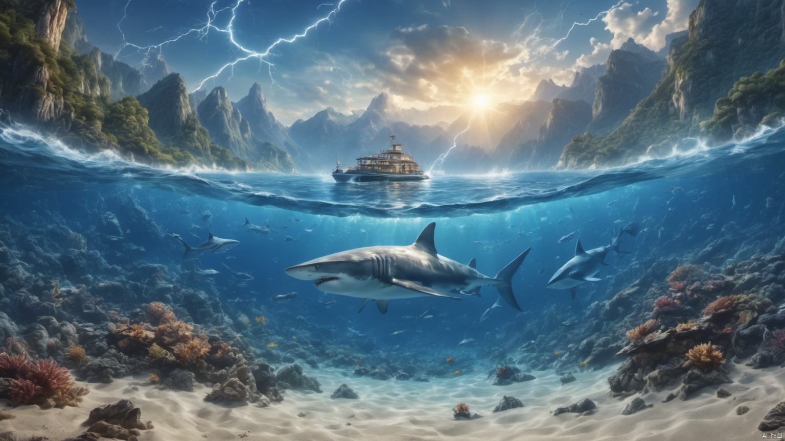  (sea 1.5),(lightning 1.5),(Sharks),,(Whales),,Underwater World,

A school of fish,
(Adequate sunlight 1.5),
(Optical materials 1.0),
(Water in glass materials 1.5),
(beach 1.9),
(wonderland 1.9),
Overlooking,Representative,boutique, Ultra HD, 
, reflection, masterpiece, true light and shadow, wide Angle, outdoors, sky, day,
, blue sky, (no humans 2),nature, scenery, Water, beach, 
 (High Quality), Best Quality, (4K), 8K, Super Detail, (Full Detail), (Masterpiece), (Realistic), Super Detail, (Exquisite Detail),,,Mountain peaks, blue sky, flowing water,Scenery, SDXL, lightning, sea, ufo, Lightning