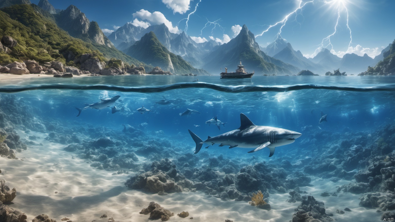  (sea 1.5),(lightning 1.5),(Sharks),,(Whales),,Underwater World,

A school of fish,
(Adequate sunlight 1.5),
(Optical materials 1.0),
(Water in glass materials 1.5),
(beach 1.9),
(wonderland 1.9),
Overlooking,Representative,boutique, Ultra HD, 
, reflection, masterpiece, true light and shadow, wide Angle, outdoors, sky, day,
, blue sky, (no humans 2),nature, scenery, Water, beach, 
 (High Quality), Best Quality, (4K), 8K, Super Detail, (Full Detail), (Masterpiece), (Realistic), Super Detail, (Exquisite Detail),,,Mountain peaks, blue sky, flowing water,Scenery, SDXL, lightning, sea, ufo, Lightning