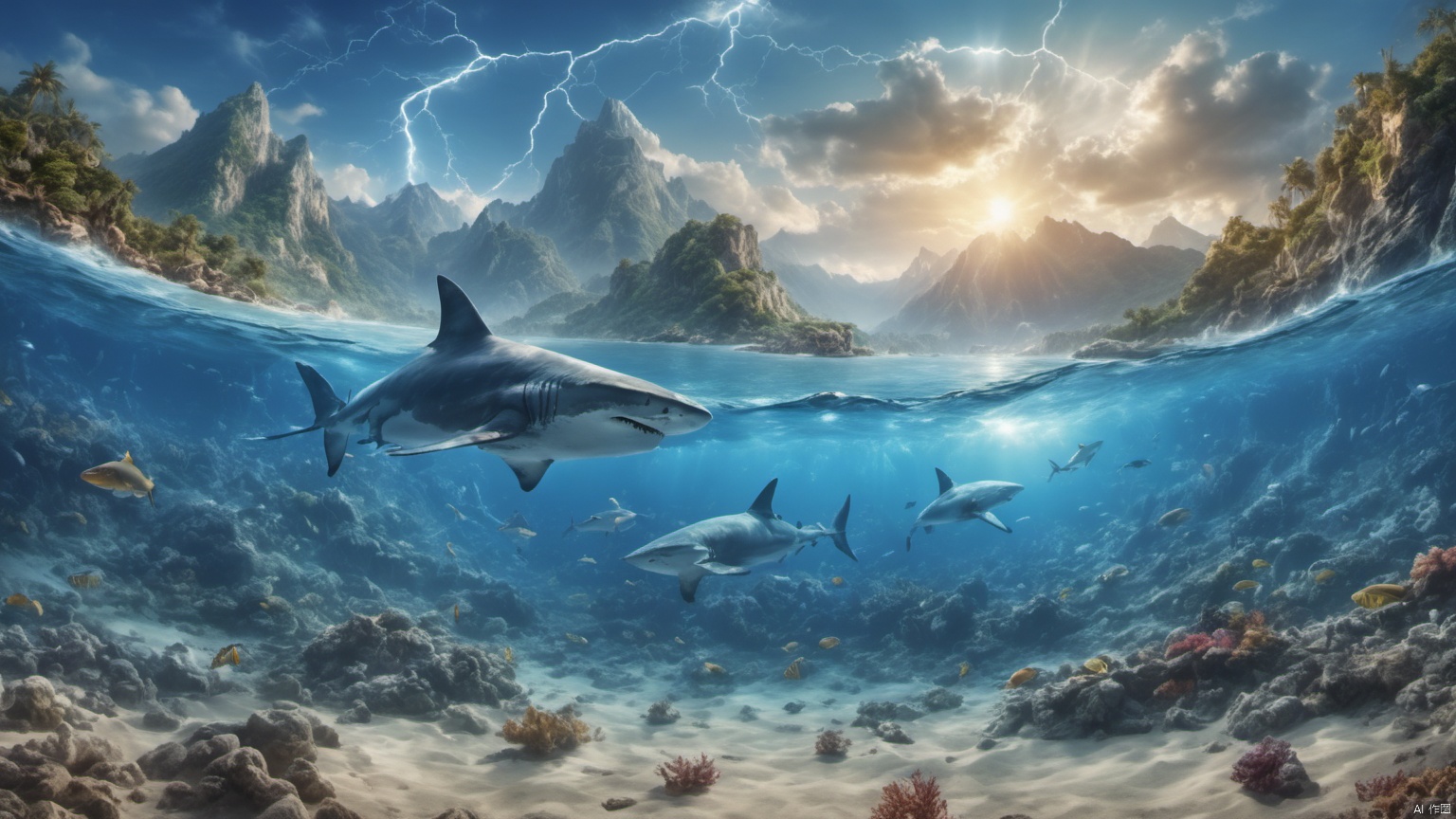  (sea 1.5),(lightning 1.5),(Sharks),,(Whales),,Underwater World,

A school of fish,
(Adequate sunlight 1.5),
(Optical materials 1.0),
(Water in glass materials 1.5),
(beach 1.9),
(wonderland 1.9),
Overlooking,Representative,boutique, Ultra HD, 
, reflection, masterpiece, true light and shadow, wide Angle, outdoors, sky, day,
, blue sky, (no humans 2),nature, scenery, Water, beach, 
 (High Quality), Best Quality, (4K), 8K, Super Detail, (Full Detail), (Masterpiece), (Realistic), Super Detail, (Exquisite Detail),,,Mountain peaks, blue sky, flowing water,Scenery, SDXL, lightning, sea, ufo, Lightning
