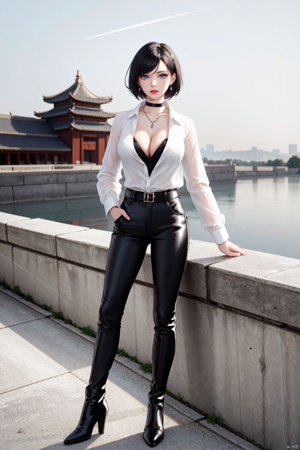 Realistic style, cinematic work, 8K wallpaper, masterpiece, very realistic quality, best quality, masterpiece, high-level, high-resolution,,,Edge lighting, dual tone lighting, soft lighting, The illuminated surface of the material has bright spots and highlights, which flicker and have a mirror effect when reflected, There are sparkling spots on the armor,,,1 girl, mature female, solo, full body, looking at viewer, lace, strong rim light, Standard proportion of female body, golden proportion of female body,,,Standing, standing posture, Sexy full body standing posture,,,,(huangjiafangzhou5, 1girl, blue eyes, black hair, bangs, short hair,breasts, boots, cleavage, pants, black footwear, shirt, black pants, white shirt, knee boots, choker, large breasts, hand in pocket, belt, collarbone, high heels, long sleeves, necktie, high heel boots, corset, black choker,:1.2),,colorful,(detailed skin: 1.3), (detailed face: 1.3),clear focus,delicate,(mature women: 1.2),(glossy skin+glossy skin: 1.4),(big_eyes),red_ eyeshadow,long_ Eyelashes, red lips,,,simple background, grey background,,,(Diamond hair accessories, diamond necklaces, diamond earrings, diamond earrings, clothes embedded with diamonds, armor embedded with diamonds,:1.3), ((Outdoor, Sky, Ancient City, taihe Palace, forbidden city, ancient chinese architecture)), huangjiafangzhou1,huangjiafangzhou2,huangjiafangzhou3<lora:EMS-324555-EMS:0.200000>