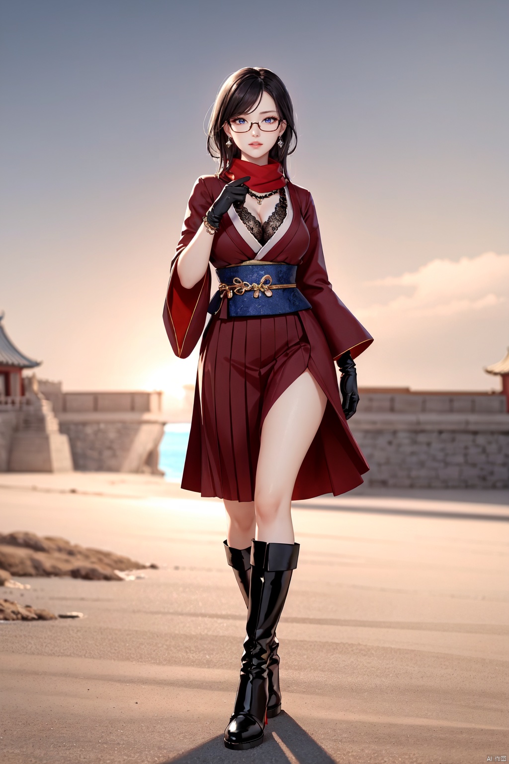 Realistic style, cinematic work, 8K wallpaper, masterpiece, very realistic quality, best quality, masterpiece, high-level, high-resolution,,,Edge lighting, dual tone lighting, soft lighting, The illuminated surface of the material has bright spots and highlights, which flicker and have a mirror effect when reflected, There are sparkling spots on the armor,,,1 girl, mature female, solo, full body, looking at viewer, lace, strong rim light, Standard proportion of female body, golden proportion of female body,,,Standing, standing posture, Sexy full body standing posture,,,,(huangjiafangzhou4, 1girl, black hair, blue eyes, hair between eyes,gloves, breasts, scarf, black gloves, red scarf, skirt, boots, japanese clothes, wide sleeves, cleavage, glasses, large breasts, hakama skirt, kimono, brown footwear,:1.2),,colorful,(detailed skin: 1.3), (detailed face: 1.3),clear focus,delicate,(mature women: 1.2),(glossy skin+glossy skin: 1.4),(big_eyes),red_ eyeshadow,long_ Eyelashes, red lips,,,simple background, grey background,,,(Diamond hair accessories, diamond necklaces, diamond earrings, diamond earrings, clothes embedded with diamonds, armor embedded with diamonds,:1.3), ((Outdoor, Sky, Ancient City, taihe Palace, forbidden city, ancient chinese architecture)), huangjiafangzhou1,huangjiafangzhou2<lora:EMS-324555-EMS:0.200000>