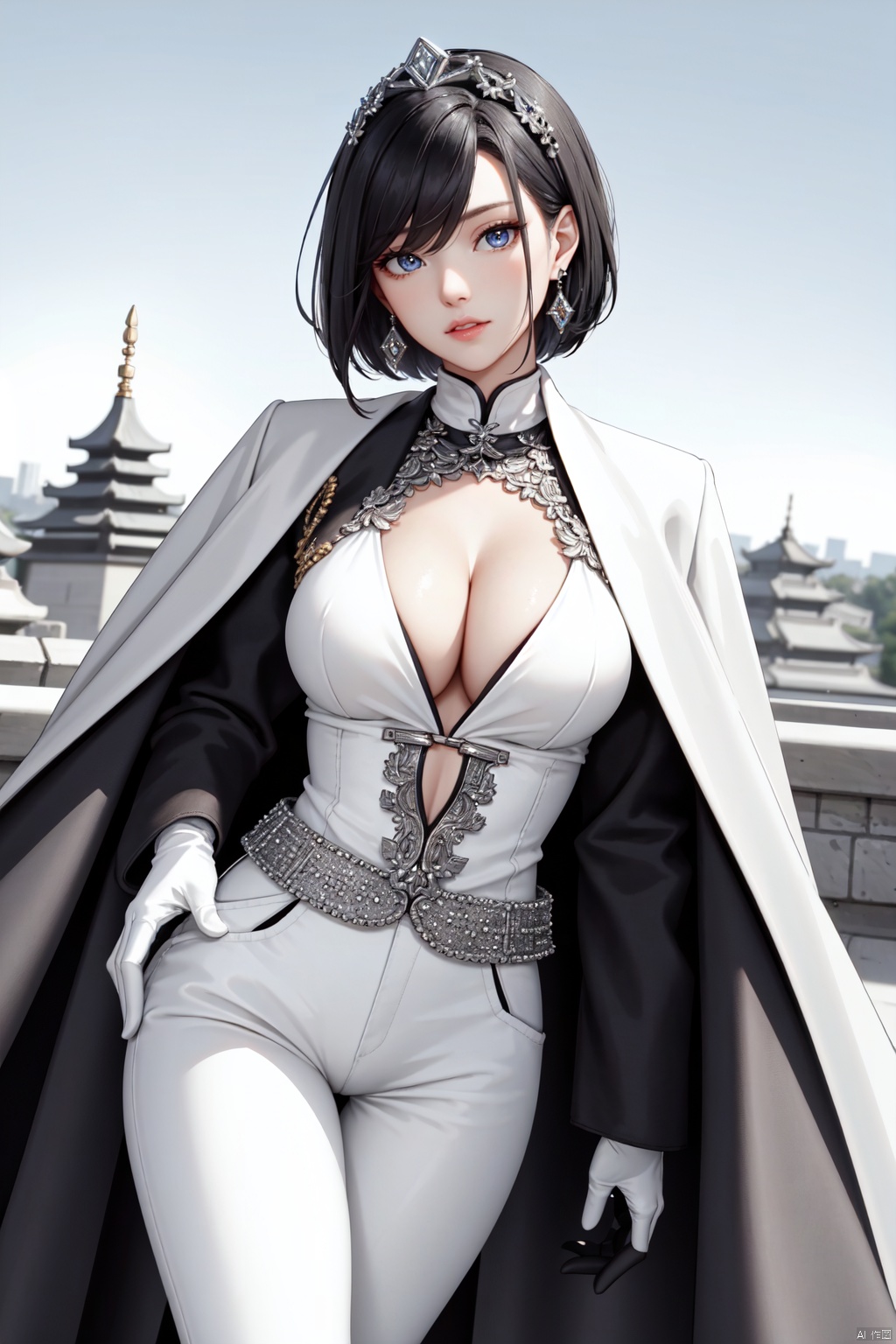 Realistic style, cinematic work, 8K wallpaper, masterpiece, very realistic quality, best quality, masterpiece, high-level, high-resolution,,,Edge lighting, dual tone lighting, soft lighting, The illuminated surface of the material has bright spots and highlights, which flicker and have a mirror effect when reflected, There are sparkling spots on the armor,,,1 girl, mature female, solo, full body, looking at viewer, lace, strong rim light, Standard proportion of female body, golden proportion of female body,,,Standing, standing posture, Sexy full body standing posture,,,,(huangjiafangzhou6, 1girl, hair over one eye, black hair, bangs, blue eyes, short hair,breasts, boots, white pants, gloves, knee boots, cleavage, high heels, pants, high heel boots, white gloves, large breasts, black footwear, cape, jacket, thigh boots, belt, thigh strap,:1.2),,colorful,(detailed skin: 1.3), (detailed face: 1.3),clear focus,delicate,(mature women: 1.2),(glossy skin+glossy skin: 1.4),(big_eyes),red_ eyeshadow,long_ Eyelashes, red lips,,,simple background, grey background,,,(Diamond hair accessories, diamond necklaces, diamond earrings, diamond earrings, clothes embedded with diamonds, armor embedded with diamonds,:1.3), ((Outdoor, Sky, Ancient City, taihe Palace, forbidden city, ancient chinese architecture)), huangjiafangzhou1,huangjiafangzhou2,huangjiafangzhou3,huangjiafangzhou4<lora:EMS-324555-EMS:0.200000>