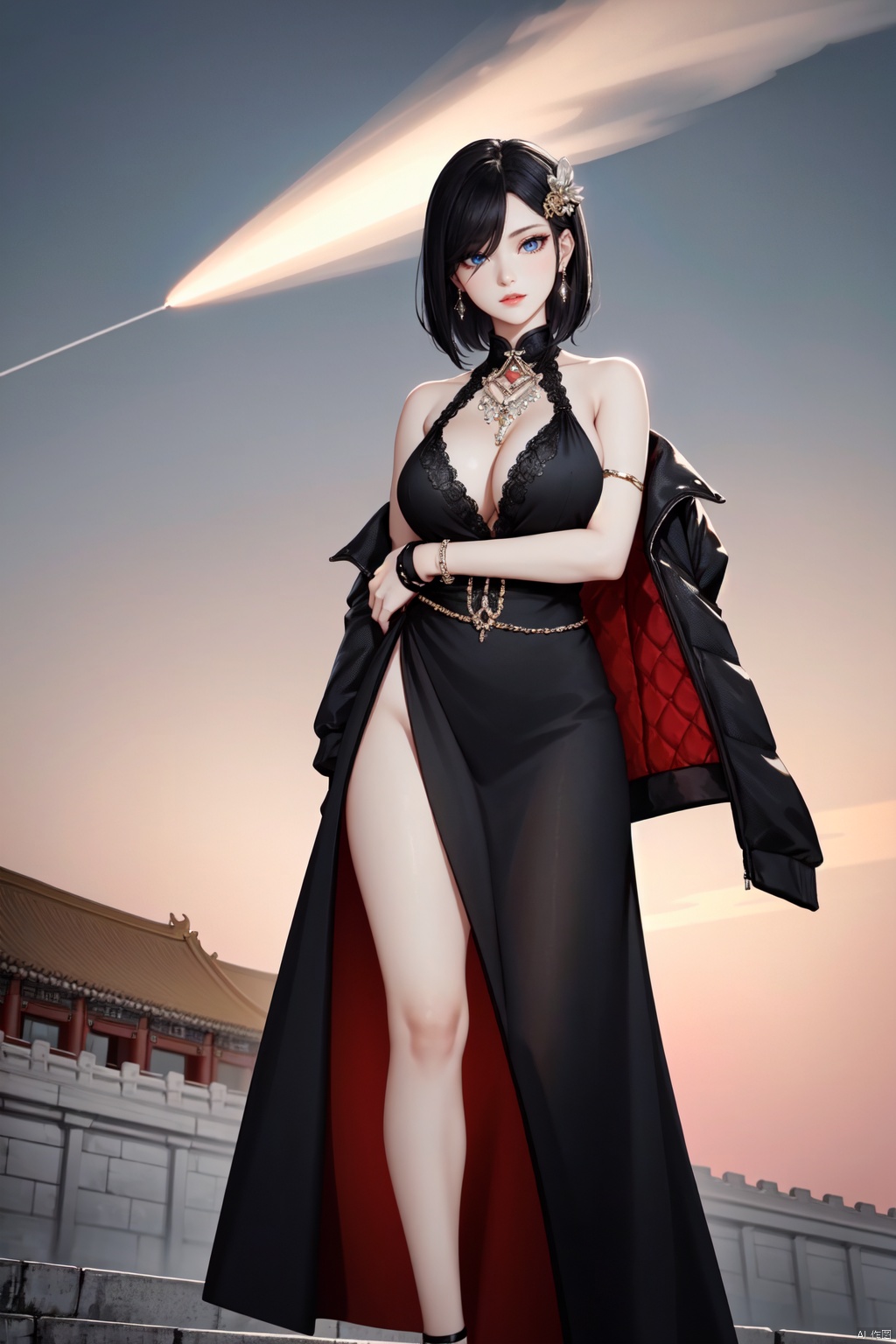 Realistic style, cinematic work, 8K wallpaper, masterpiece, very realistic quality, best quality, masterpiece, high-level, high-resolution,,,Edge lighting, dual tone lighting, soft lighting, The illuminated surface of the material has bright spots and highlights, which flicker and have a mirror effect when reflected, There are sparkling spots on the armor,,,1 girl, mature female, solo, full body, looking at viewer, lace, strong rim light, Standard proportion of female body, golden proportion of female body,,,Standing, standing posture, Sexy full body standing posture,,,,(huangjiafangzhou3, 1girl, blue eyes, black hair, short hair, hair over one eye, swept bangs, sidelocks, bangs,breasts, gloves, high heels, dress, jewelry, black gloves, black dress, large breasts, half gloves, bracelet, cleavage, black footwear, halterneck, jacket, jacket on shoulders, earrings, coat on shoulders, coat, sleeveless, sleeveless dress, halter dress, collarbone, arm under breasts, bare shoulders, side slit, bare legs, single glove,:1.2),,colorful,(detailed skin: 1.3), (detailed face: 1.3),clear focus,delicate,(mature women: 1.2),(glossy skin+glossy skin: 1.4),(big_eyes),red_ eyeshadow,long_ Eyelashes, red lips,,,simple background, grey background,,,(Diamond hair accessories, diamond necklaces, diamond earrings, diamond earrings, clothes embedded with diamonds, armor embedded with diamonds,:1.3), ((Outdoor, Sky, Ancient City, taihe Palace, forbidden city, ancient chinese architecture)), huangjiafangzhou1<lora:EMS-324555-EMS:0.200000>