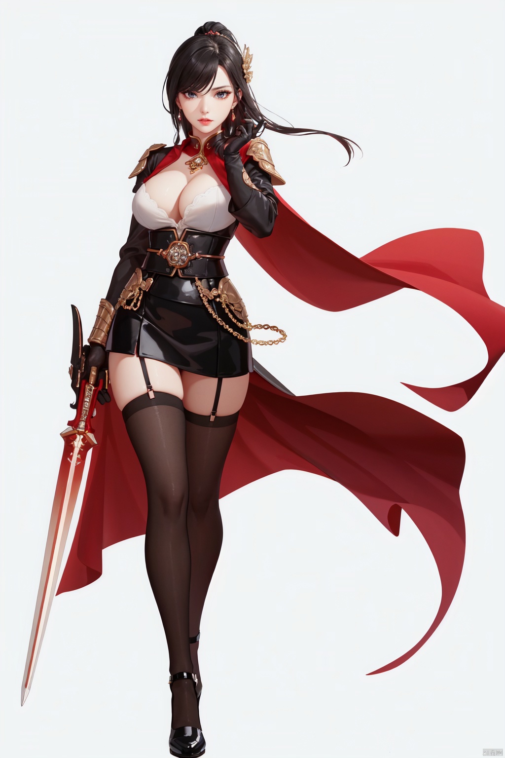 Realistic style, cinematic work, 8K wallpaper, masterpiece, very realistic quality, best quality, masterpiece, high-level, high-resolution,,,Edge lighting, dual tone lighting, soft lighting, The illuminated surface of the material has bright spots and highlights, which flicker and have a mirror effect when reflected, There are sparkling spots on the armor,,,1 girl, mature female, solo, full body, looking at viewer, lace, strong rim light, Standard proportion of female body, golden proportion of female body,,,Standing, standing posture, Sexy full body standing posture,,,,(huangjiafangzhou8, 1girl, solo, breasts, weapon, thighhighs, gun, skirt, holding, holding weapon, cleavage, large breasts, garter straps, full body, white background, high heels, holding gun, standing, simple background, miniskirt, black thighhighs, black skirt, belt, cape, gloves, long sleeves, boots, fingerless gloves, shirt, looking at viewer, underbust, white shirt, torn clothes,:1.2),,colorful,(detailed skin: 1.3), (detailed face: 1.3),clear focus,delicate,(mature women: 1.2),(glossy skin+glossy skin: 1.4),(big_eyes),red_ eyeshadow,long_ Eyelashes, red lips,,,simple background, grey background,,,(Diamond hair accessories, diamond necklaces, diamond earrings, diamond earrings, clothes embedded with diamonds, armor embedded with diamonds,:1.3), ((Outdoor, Sky, Ancient City, taihe Palace, forbidden city, ancient chinese architecture)), huangjiafangzhou1,huangjiafangzhou2,huangjiafangzhou3,huangjiafangzhou4,huangjiafangzhou5,huangjiafangzhou6,huangjiafangzhou7<lora:EMS-324555-EMS:0.200000>