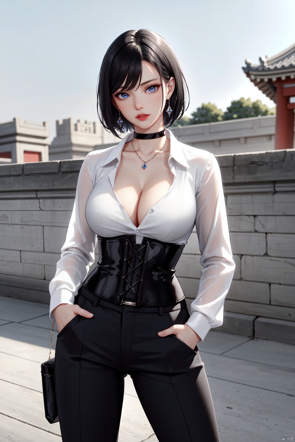 Realistic style, cinematic work, 8K wallpaper, masterpiece, very realistic quality, best quality, masterpiece, high-level, high-resolution,,,Edge lighting, dual tone lighting, soft lighting, The illuminated surface of the material has bright spots and highlights, which flicker and have a mirror effect when reflected, There are sparkling spots on the armor,,,1 girl, mature female, solo, full body, looking at viewer, lace, strong rim light, Standard proportion of female body, golden proportion of female body,,,Standing, standing posture, Sexy full body standing posture,,,,(huangjiafangzhou5, 1girl, blue eyes, black hair, bangs, short hair,breasts, boots, cleavage, pants, black footwear, shirt, black pants, white shirt, knee boots, choker, large breasts, hand in pocket, belt, collarbone, high heels, long sleeves, necktie, high heel boots, corset, black choker,:1.2),,colorful,(detailed skin: 1.3), (detailed face: 1.3),clear focus,delicate,(mature women: 1.2),(glossy skin+glossy skin: 1.4),(big_eyes),red_ eyeshadow,long_ Eyelashes, red lips,,,simple background, grey background,,,(Diamond hair accessories, diamond necklaces, diamond earrings, diamond earrings, clothes embedded with diamonds, armor embedded with diamonds,:1.3), ((Outdoor, Sky, Ancient City, taihe Palace, forbidden city, ancient chinese architecture)), huangjiafangzhou1,huangjiafangzhou2,huangjiafangzhou3<lora:EMS-324555-EMS:0.200000>