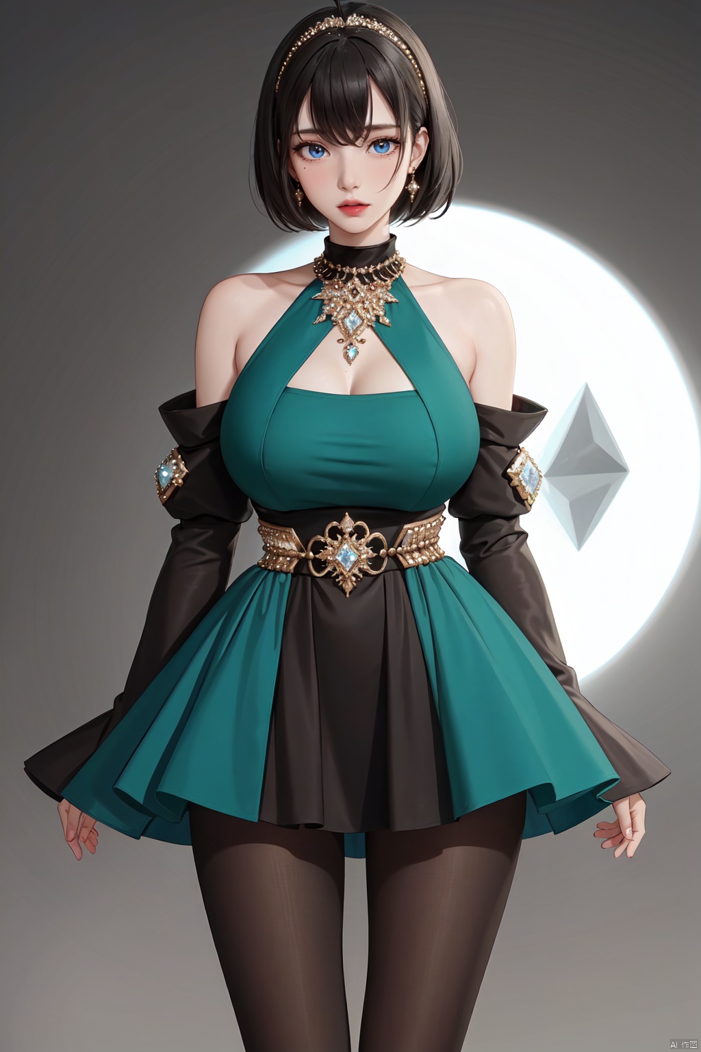 Realistic style, cinematic work, 8K wallpaper, masterpiece, very realistic quality, best quality, masterpiece, high-level, high-resolution,,,Edge lighting, dual tone lighting, soft lighting, The illuminated surface of the material has bright spots and highlights, which flicker and have a mirror effect when reflected, There are sparkling spots on the armor,,,1 girl, mature female, solo, full body, looking at viewer, lace, strong rim light, Standard proportion of female body, golden proportion of female body,,,Standing, standing posture, Sexy full body standing posture,,,,(huajia1, 1girl, black hair, ahoge, blue eyes, short hair, bangs, blush, breasts, large breasts, bare shoulders, dress, pantyhose, ridal gauntlets, jewelry, brown pantyhose, ring, mole, detached sleeves, wide sleeves, halterneck, green dress,:1.2),,bare shoulders, off shoulder, black hairband, bikini bottom only, short dress, swimsuit, pleated dress, bikini, floating hair, blush, ass visible through thighs, skirt,White high-heeled shoes,:1.2),,,colorful,(detailed skin: 1.3), (detailed face: 1.3),clear focus,delicate,(mature women: 1.2),(glossy skin+glossy skin: 1.4),(sweating: 1.1),(big_eyes),red_ eyeshadow,long_ Eyelashes, red lips,,,simple background, grey background,,,(Diamond hair accessories, diamond necklaces, diamond earrings, diamond earrings, clothes embedded with diamonds, armor embedded with diamonds,:1.3),, huajia1<lora:EMS-324556-EMS:0.400000>