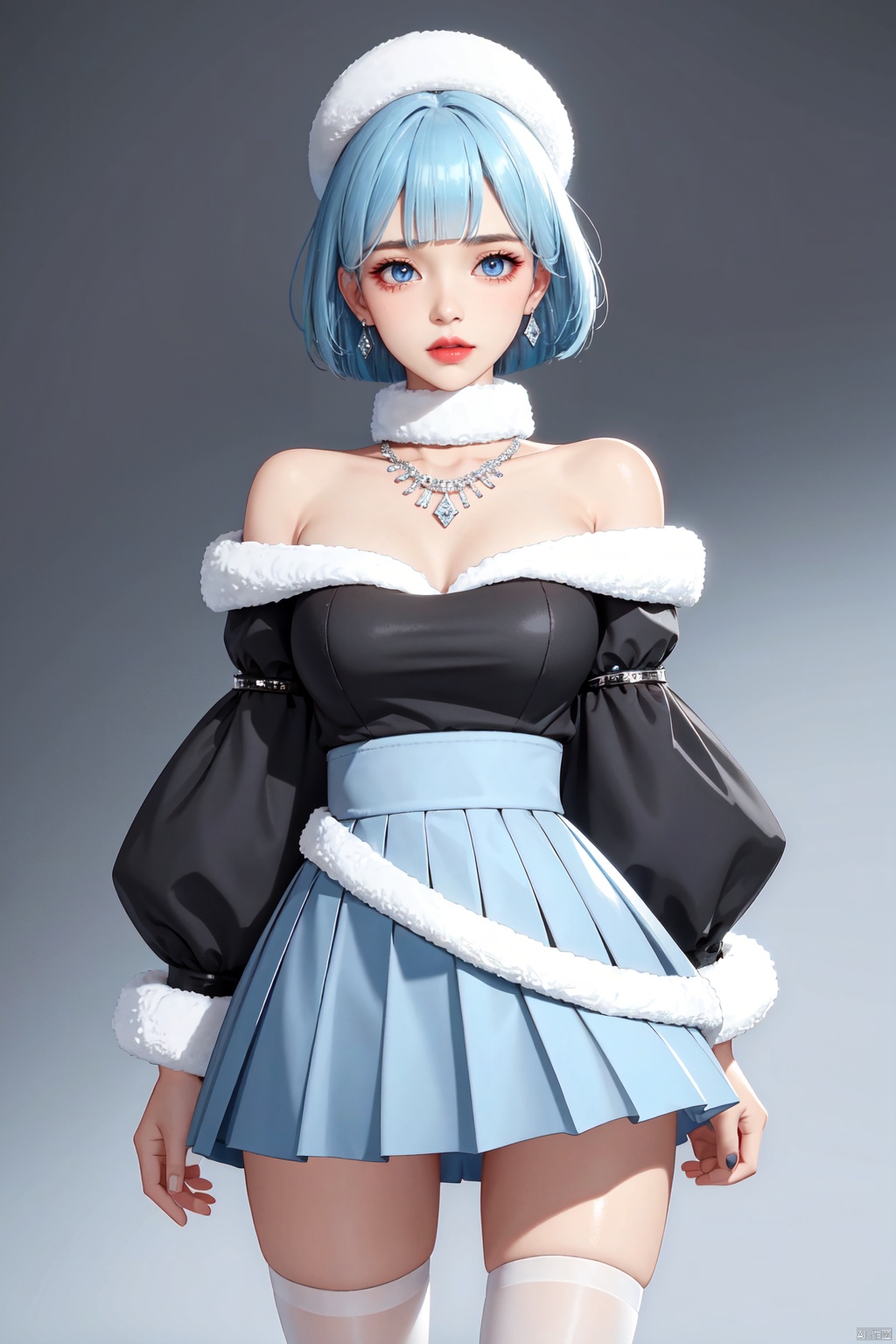 Realistic style, cinematic work, 8K wallpaper, masterpiece, very realistic quality, best quality, masterpiece, high-level, high-resolution,,,Edge lighting, dual tone lighting, soft lighting, The illuminated surface of the material has bright spots and highlights, which flicker and have a mirror effect when reflected, There are sparkling spots on the armor,,,1 girl, mature female, solo, full body, looking at viewer, lace, strong rim light, Standard proportion of female body, golden proportion of female body,,,Standing, standing posture, Sexy full body standing posture,,,,(hongliang1, 1girl, blue eyes, blue hair, short hair, blush,hat, thighhighs, skirt, white thighhighs, pleated skirt, wide sleeves, fur-trimmed sleeves,:1.2),,bare shoulders, off shoulder, black hairband, bikini bottom only, short dress, swimsuit, pleated dress, bikini, floating hair, blush, ass visible through thighs, skirt,White high-heeled shoes,:1.2),,,colorful,(detailed skin: 1.3), (detailed face: 1.3),clear focus,delicate,(mature women: 1.2),(glossy skin+glossy skin: 1.4),(sweating: 1.1),(big_eyes),red_ eyeshadow,long_ Eyelashes, red lips,,,simple background, grey background,,,(Diamond hair accessories, diamond necklaces, diamond earrings, diamond earrings, clothes embedded with diamonds, armor embedded with diamonds,:1.3)<lora:EMS-324559-EMS:0.330000>