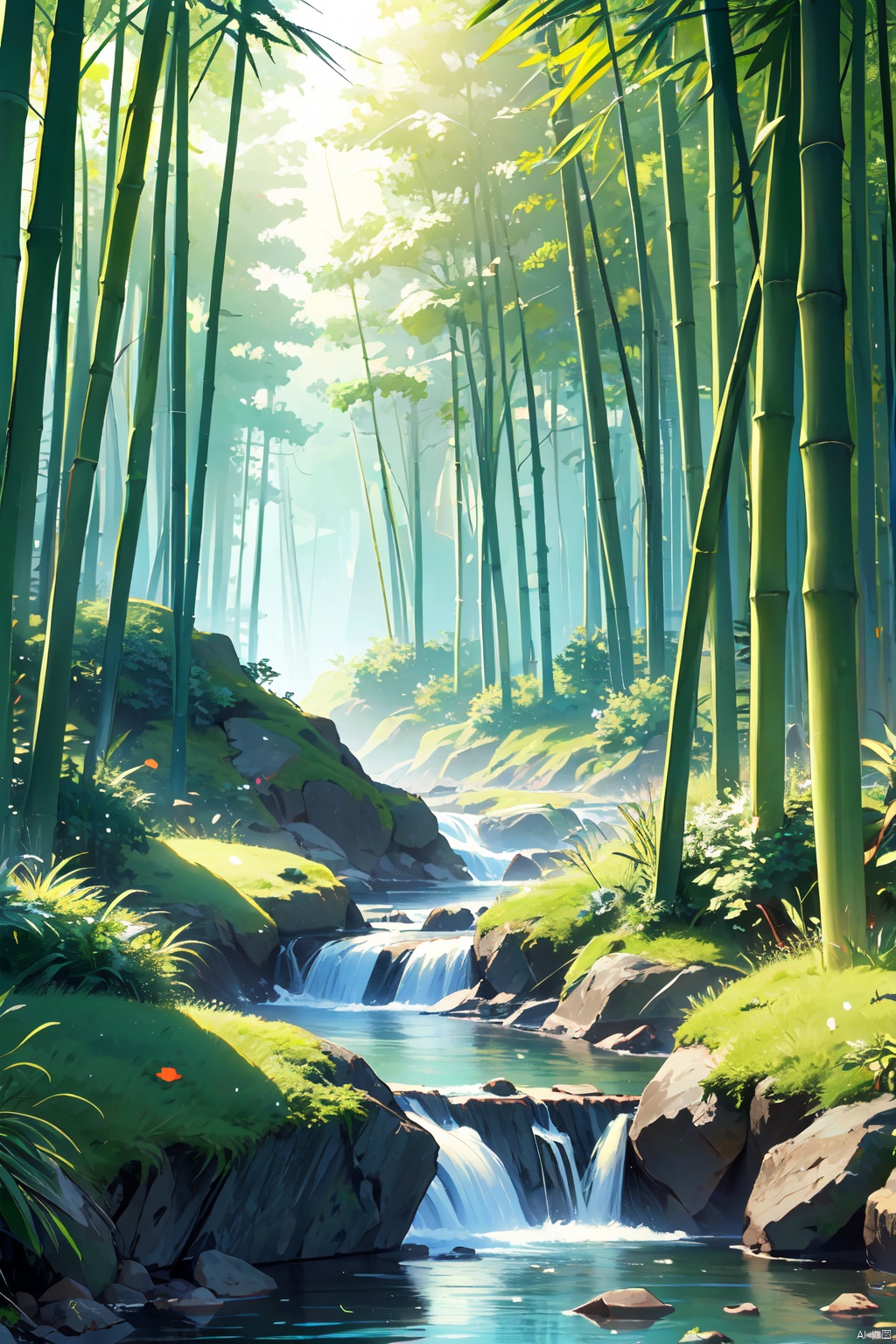  Green,Spring,Bamboo Forest,(River:1.2),Flowing Water,Nature,Poetic Atmosphere,Green Theme,(Masterpiece:1.2),Best Picture Quality,Masterpiece,High Definition,Original,Extremely Good Wallpaper,Perfect Light,(Extremely Good CG:1.2),Best Picture Quality,8K,