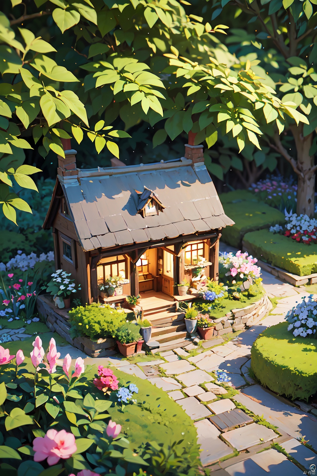 top down shot of a miniature cottage with garden, delicate details, vivid scene, lovely style, cute, sweet, soft atmosphere,