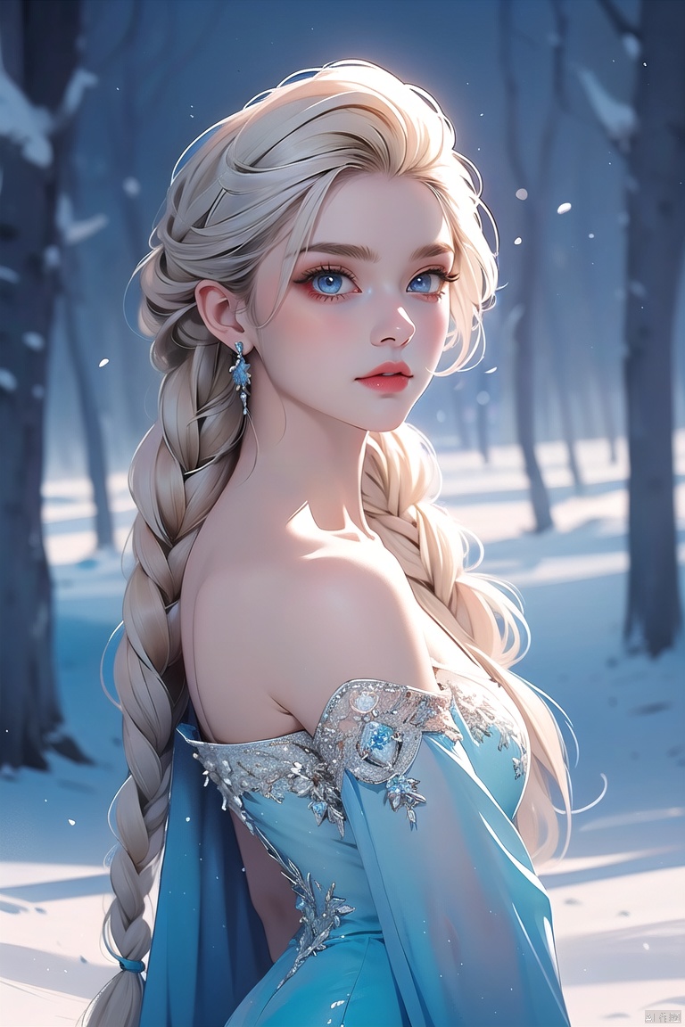 bingxuex\(ip\), 1girl, elsa \(frozen\), solo, blue eyes, braid, long hair, blonde hair, looking at viewer, single braid, dress, hair over shoulder
