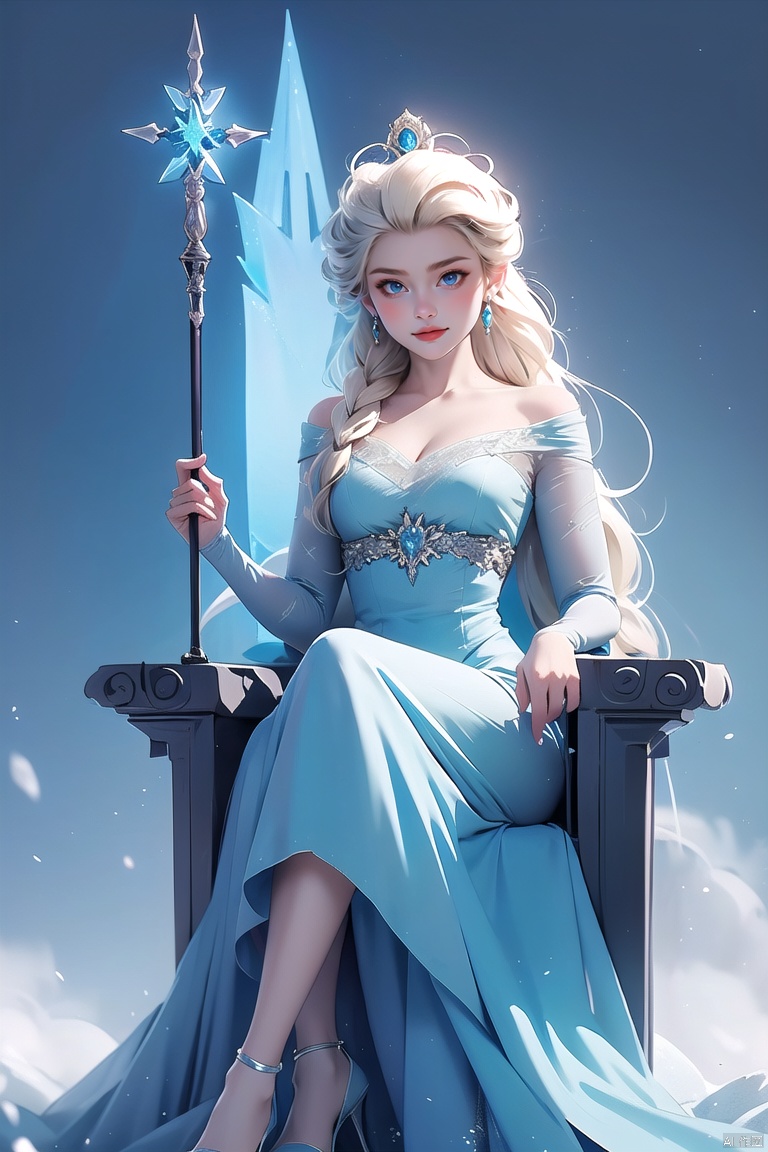bingxuex\(ip\), 1girl, elsa \(frozen\), solo, dress, blue eyes, blonde hair, long hair, throne, sitting, blue dress, staff

