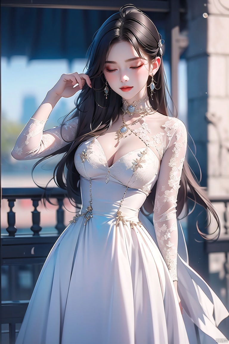 bingxuex\(ip\), 1girl, solo, jewelry, long hair, earrings, dress, half-closed eyes, blurry
