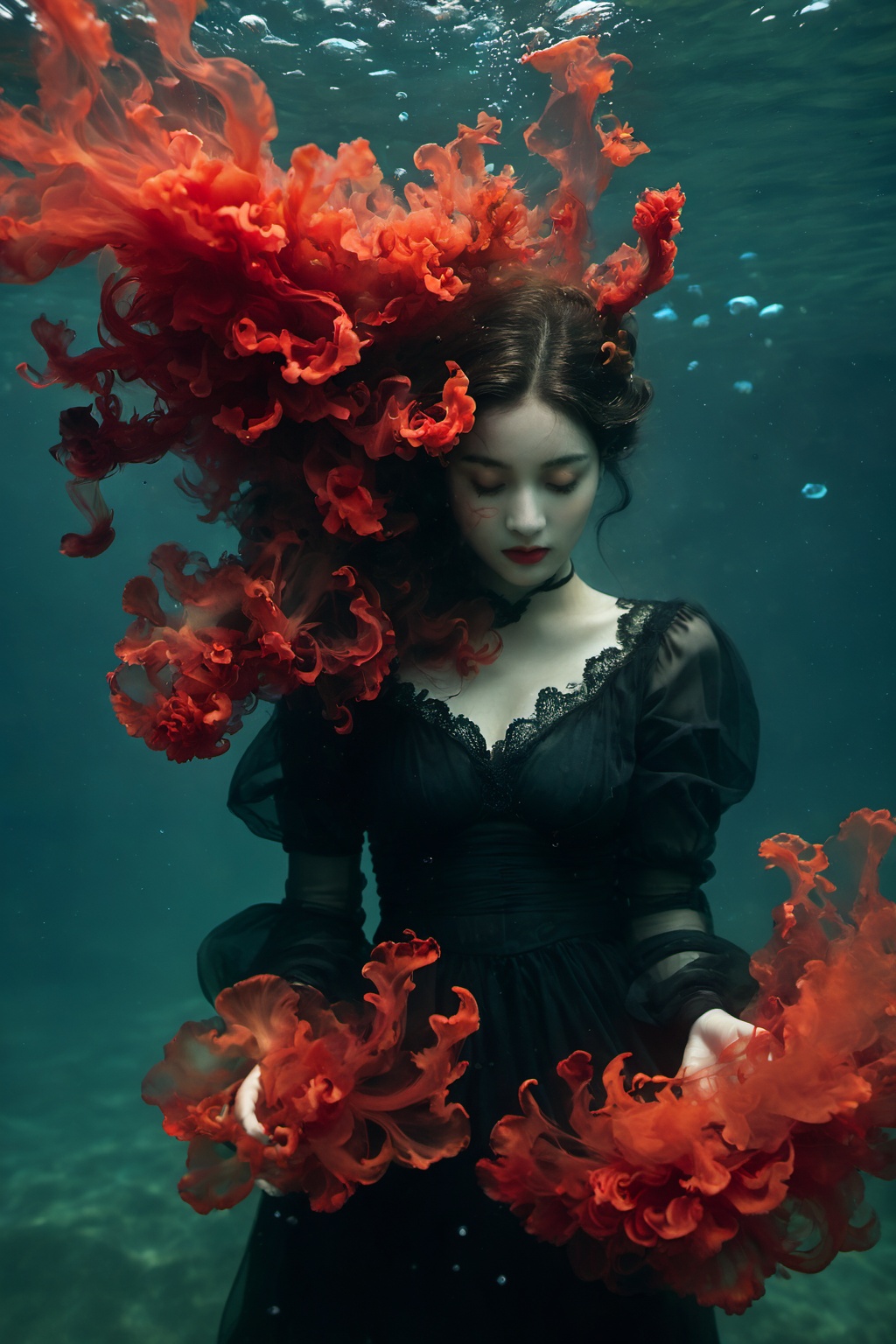 A woman submerged in water,  her dark attire contrasting with the intense red ink blooming around her. Above,  light pierc...