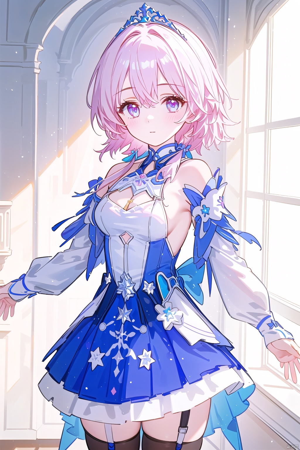  1girl,(masterpiece:1.3),( beautiful:1.2),(high quality:1.2),(finely detailed:1.2),extremely detailed CG unity 8k wallpaper,best quality,a very delicate and beautiful,perfect fingers,(one cute girl at the center:1.2),breasts,bangs, blue eyes, skirt, thighhighs, long sleeves,dress, cleavage, hair between eyes, bare shoulders, purple eyes, pink hair, multicolored hair, detached sleeves, white thighhighs, cosplay, white sleeves, tiara,white dress,marchSR,marchDress