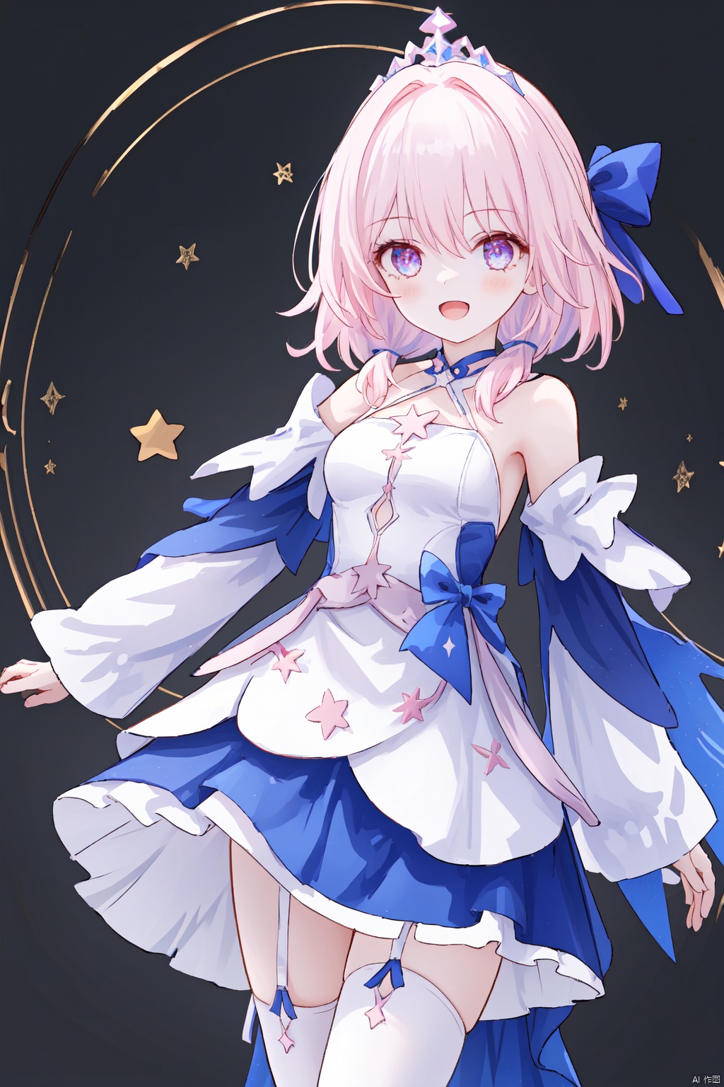  1girl,(masterpiece:1.3),( beautiful:1.2),(high quality:1.2),(finely detailed:1.2),extremely detailed CG unity 8k wallpaper,best quality,a very delicate and beautiful,perfect fingers,(one cute girl at the center:1.2),breasts,bangs, blue eyes, skirt, thighhighs, long sleeves,dress, cleavage, hair between eyes, bare shoulders, purple eyes, pink hair, multicolored hair, detached sleeves, white thighhighs, open_mouth, smile, white sleeves, tiara,white dress,marchSR,marchDress,bows,ribbon,star_(symbol),blue skirt,purple sleeves,detailed dress,strips,collar,shoulder straps,