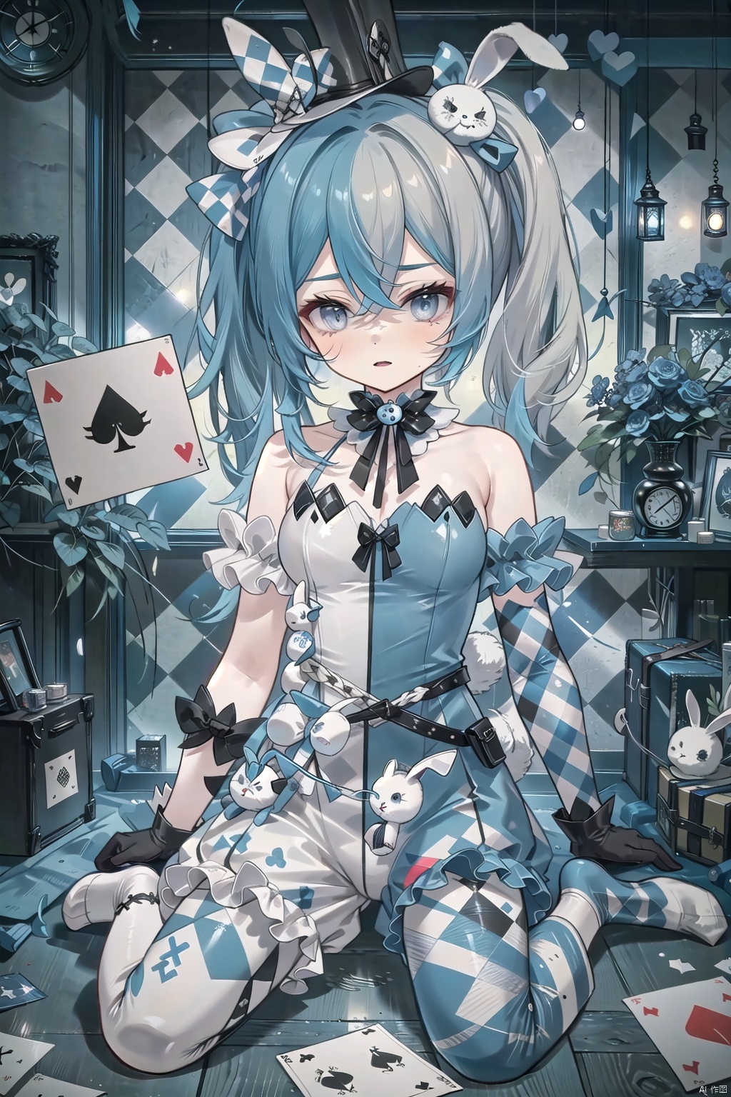 1girl, solo, ((blue eyes)), ((grey eyes)), ((gloves)), (hat), ((twintails)), ((blue hair)), ((grey hair)), ((multicolored hair)), black gloves, ((two-tone hair)), ((grey eyes)), ((asymmetrical legwear)), ((top hat)), ((argyle)), ((twintails)), ((stuffed bunny)), ((short hair)), ((onesie)), ((bow)), ((hair bow)), ((asymmetrical hair)), ((asymmetrical clothes)), ((uneven gloves)), ((asymmetrical pants)), ((asymmetrical socks)), ((choker)), ((seams)), ((cards)), mirrors, outstretched hand, ((sitting)), ((wariza))