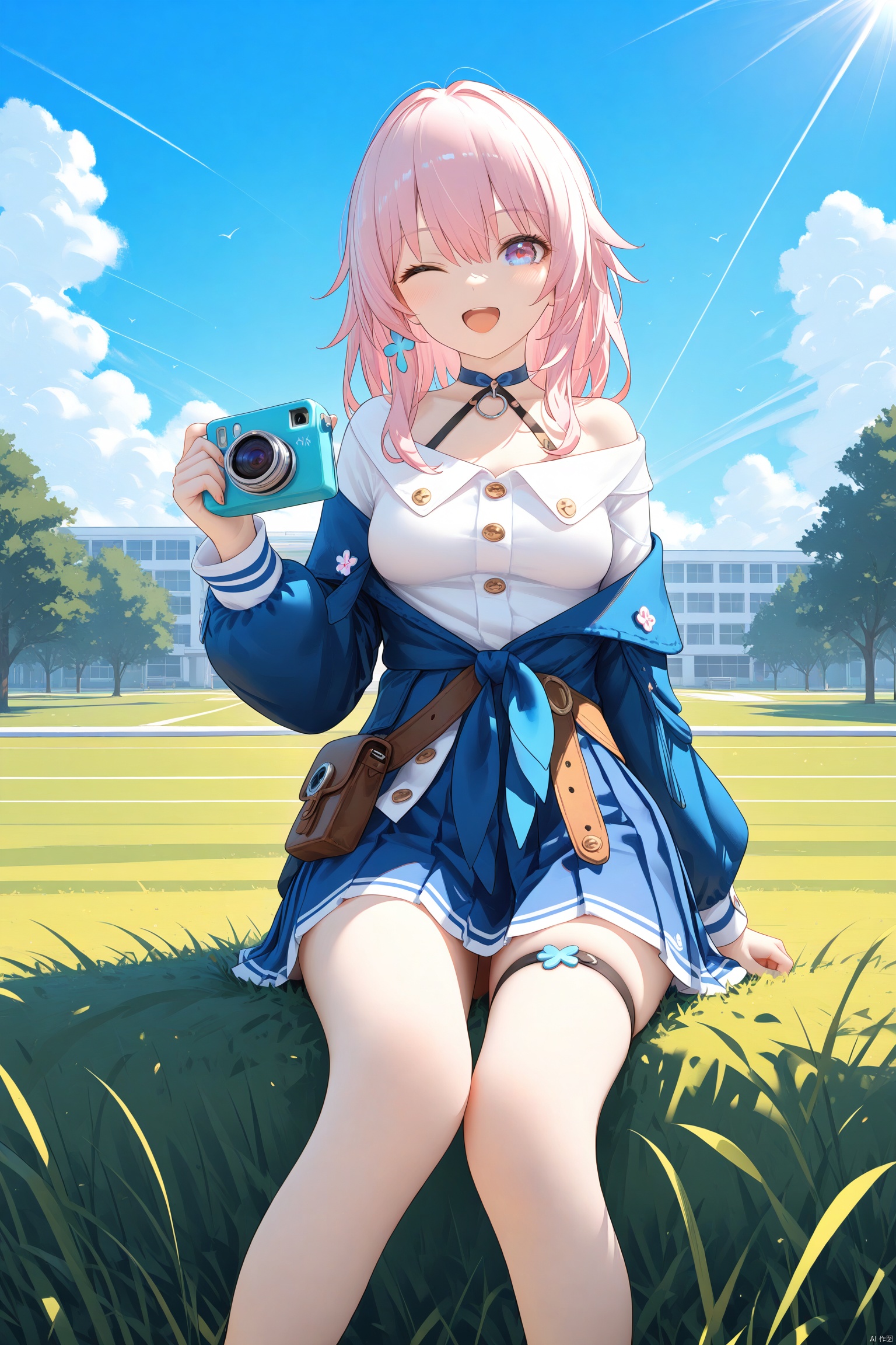  1girl,solo,(masterpiece:1.3),( beautiful:1.2),(high quality:1.2),(finely detailed:1.2),extremely detailed CG unity 8k wallpaper,best quality,a very delicate and beautiful,perfect fingers,(one cute girl at the center:1.2),
1girl, solo, long hair, breasts, looking at viewer, smile, open mouth, bangs, blue eyes, skirt, shirt, long sleeves, holding, hair between eyes, bare shoulders, sitting, jacket, white shirt, pink hair, :d, pleated skirt, one eye closed, choker, medium hair, pink eyes, off shoulder, blue skirt, thigh strap, feet out of frame, ;d, blue jacket, single glove, camera, holding camera, viewfinder,parted_lips, outdoors, blue sky,sunlight, clouds, school building,lawn, cowboy, standing,
 marchSR