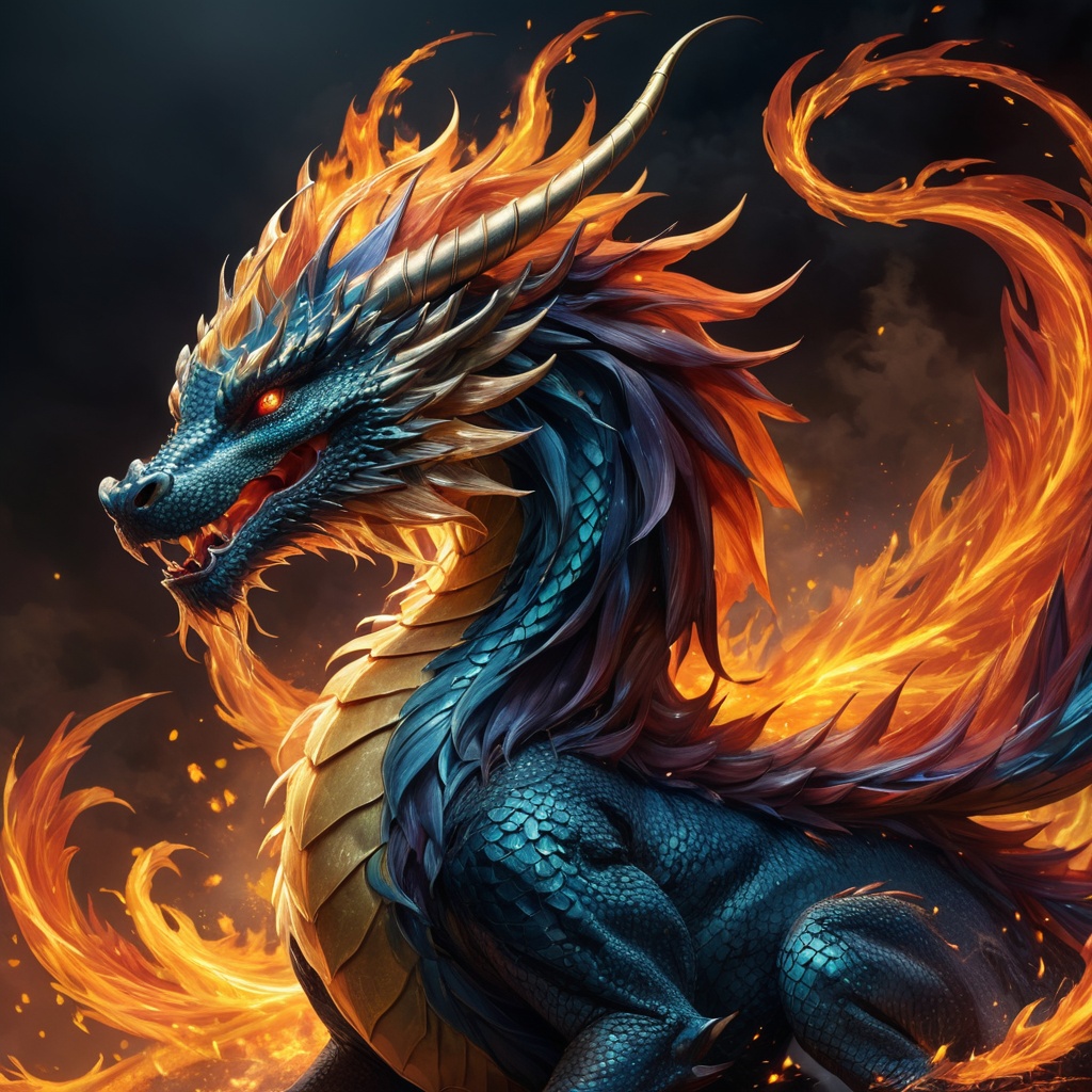 Generate hyper realistic image of a dragon with a magnificent,  regal mane composed of shimmering,  fiery tendrils that da...