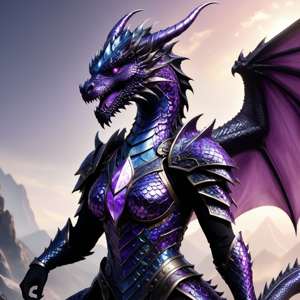 Generate hyper realistic image of a dragon female warrior with scales that shimmer like polished amethyst,  reflecting the...