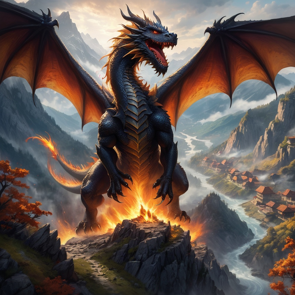 Generate hyper realistic image of a fearsome dragon perched atop a mountain peak,  its mighty wings spread wide,  as it un...