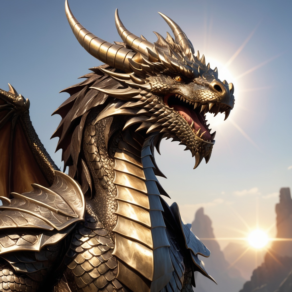 Generate hyper realistic image of a dragon male warrior with scales that gleam like burnished bronze,  reflecting the sunl...