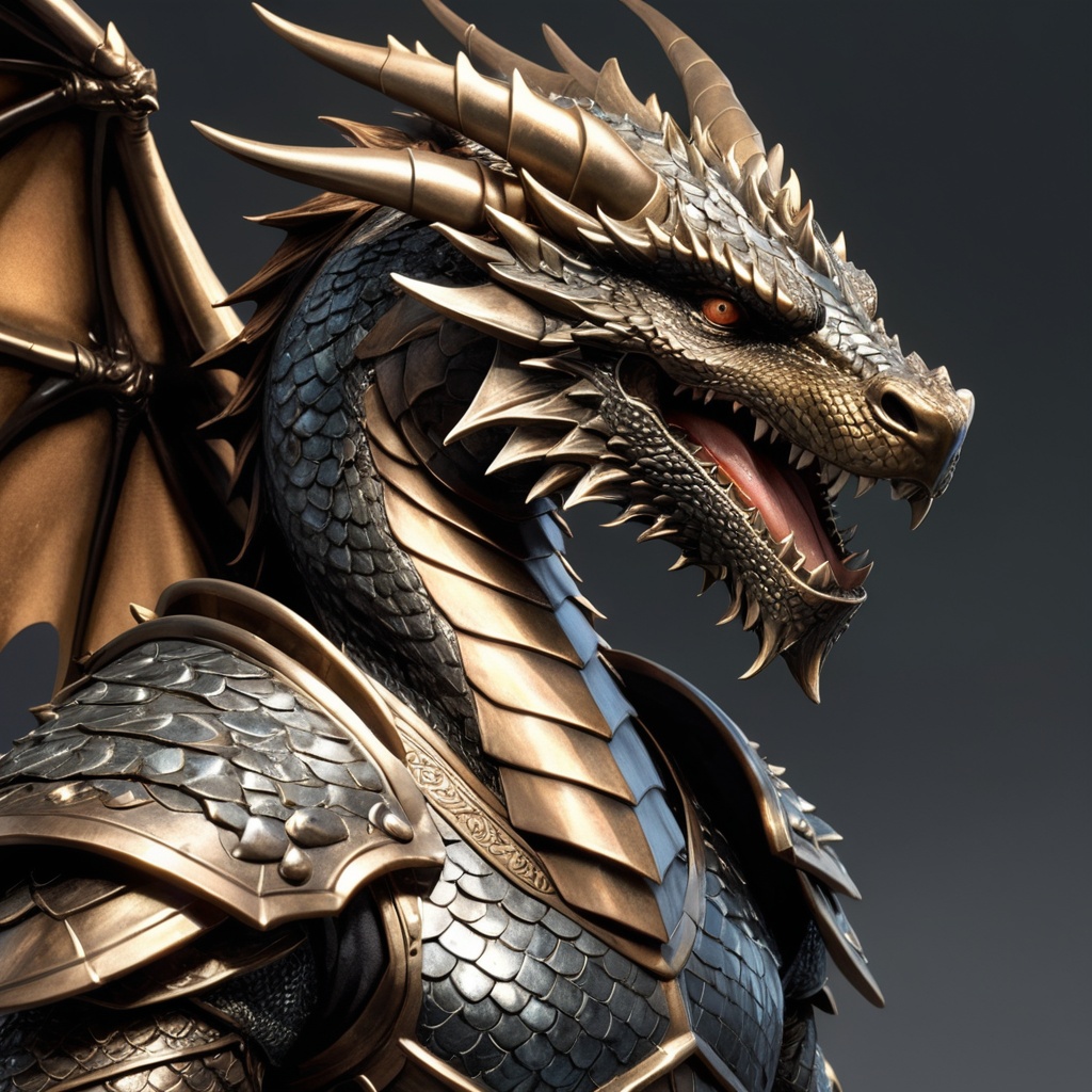 Generate hyper realistic image of a dragon male warrior with scales that gleam like burnished bronze,  reflecting the sunl...