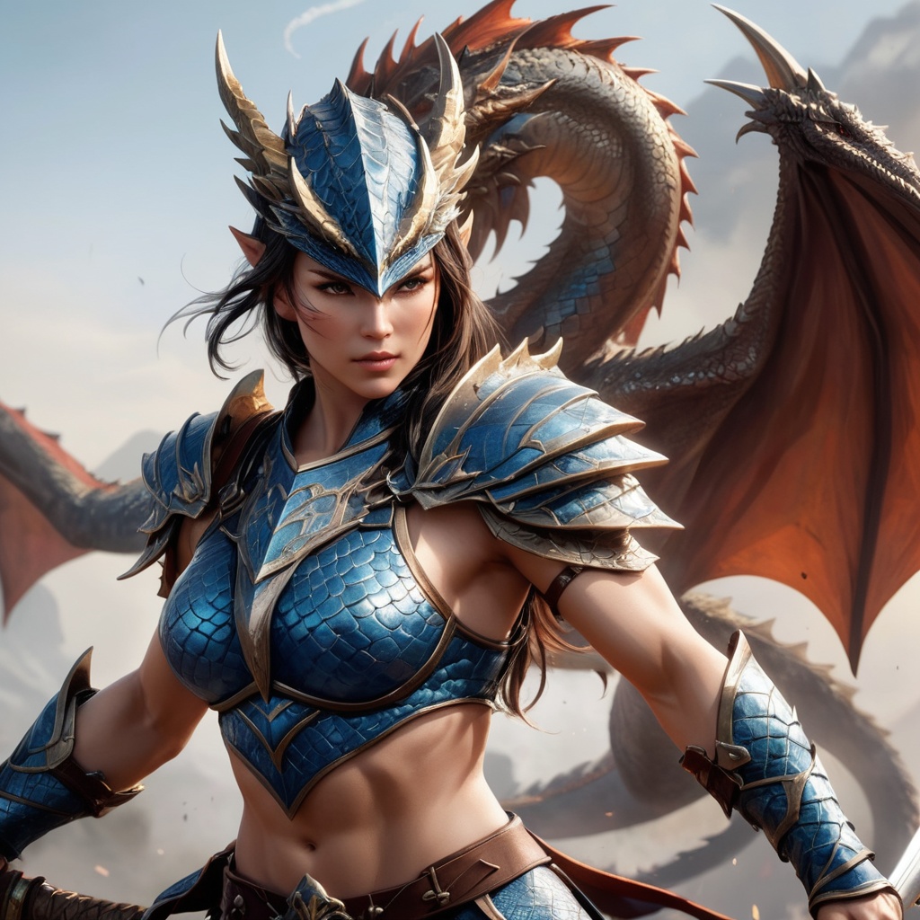 Generate hyper realistic image of a fierce dragon female warrior with a lithe and agile physique,  her muscles rippling wi...