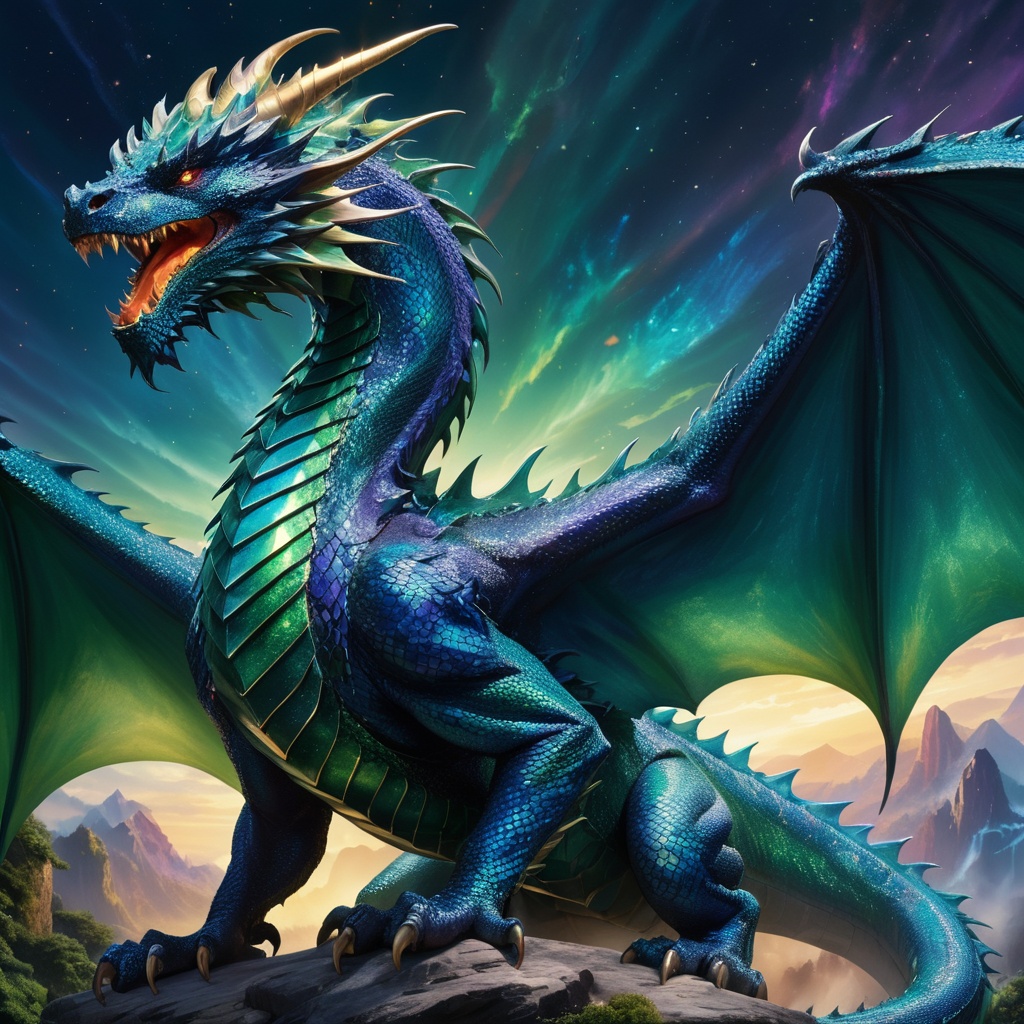 Generate hyper realistic image of a colossal dragon with iridescent,  jewel-toned scales that shimmer and sparkle in a mes...