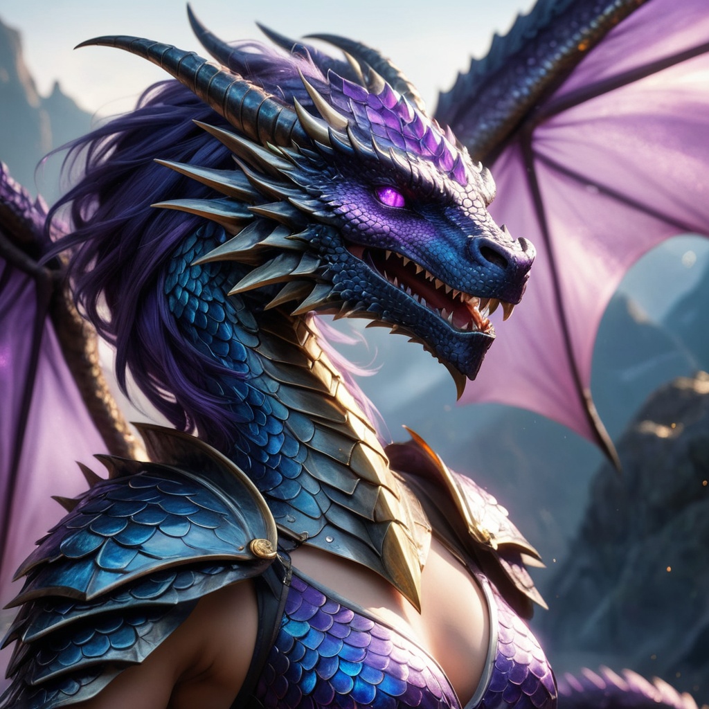 Generate hyper realistic image of a dragon female warrior with scales that shimmer like polished amethyst,  reflecting the...