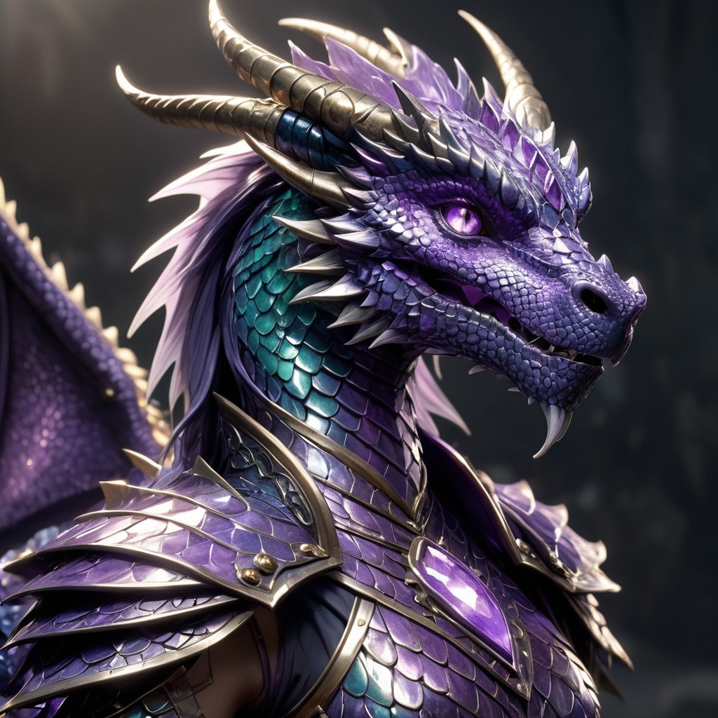 Generate hyper realistic image of a dragon female warrior with scales that shimmer like polished amethyst,  reflecting the...