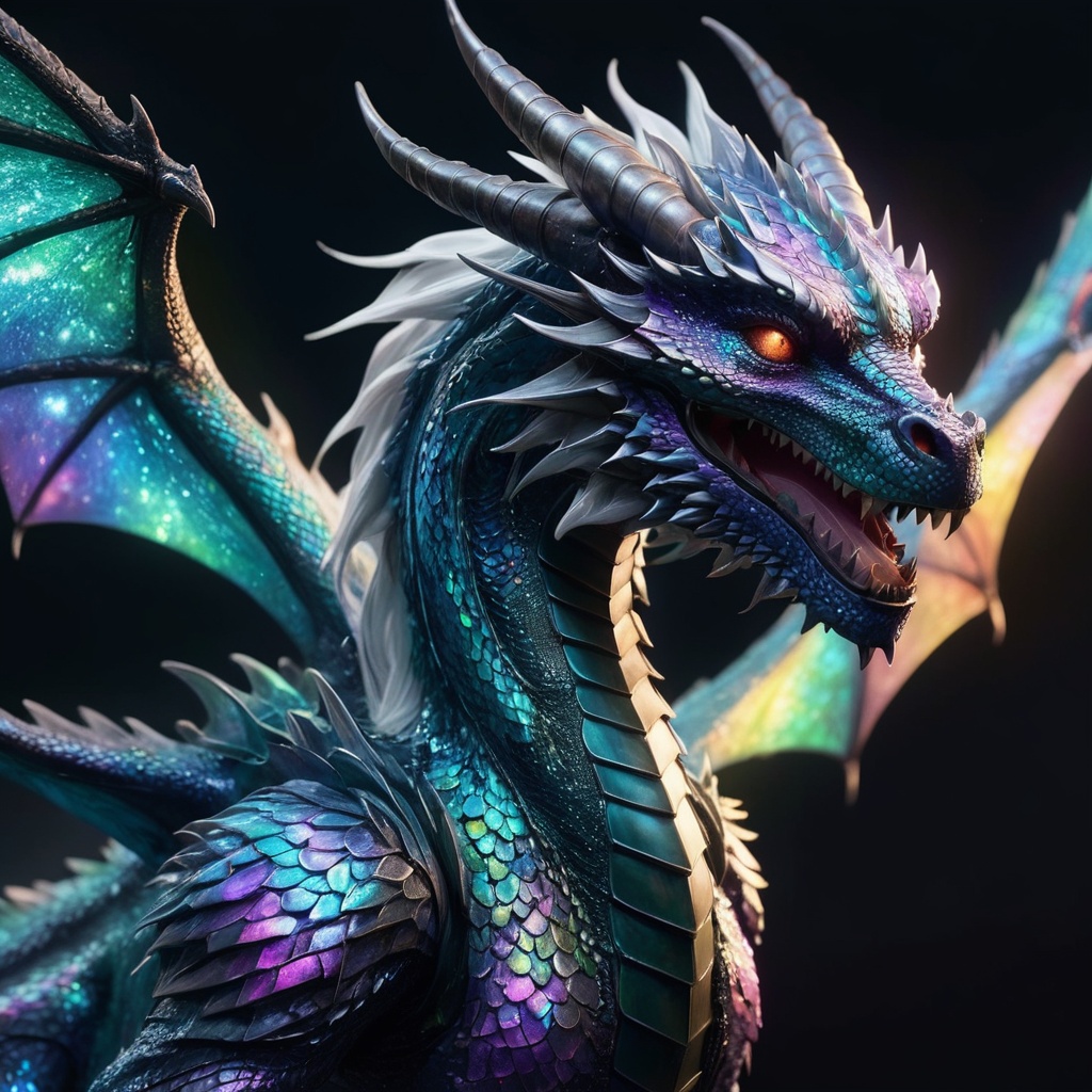 Generate hyper realistic image of a dragon transformed into a human with iridescent,  shimmering skin that reflects light...
