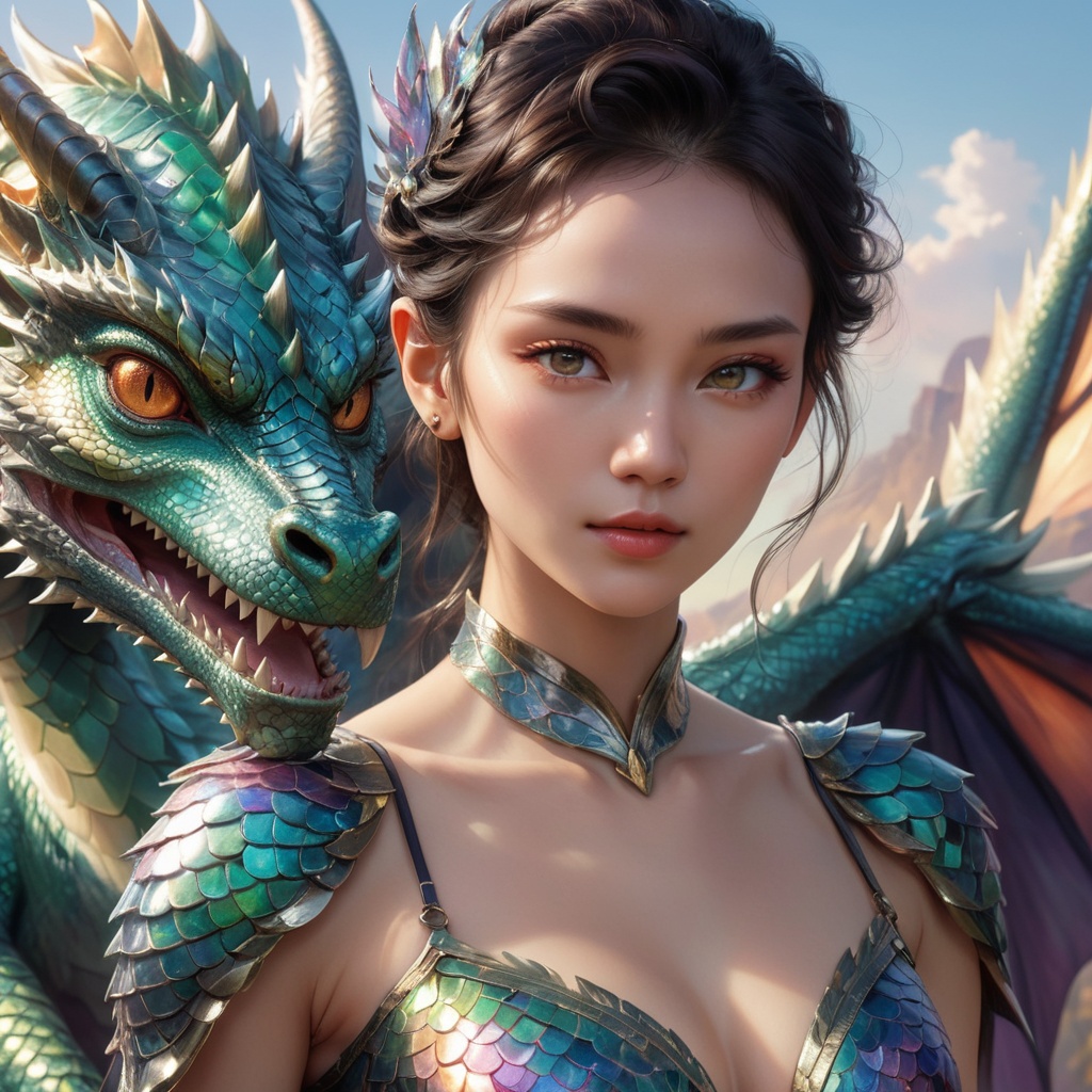 Generate hyper realistic image of a woman with dragon characteristics possessing smooth,  scaly skin that shimmers like mo...