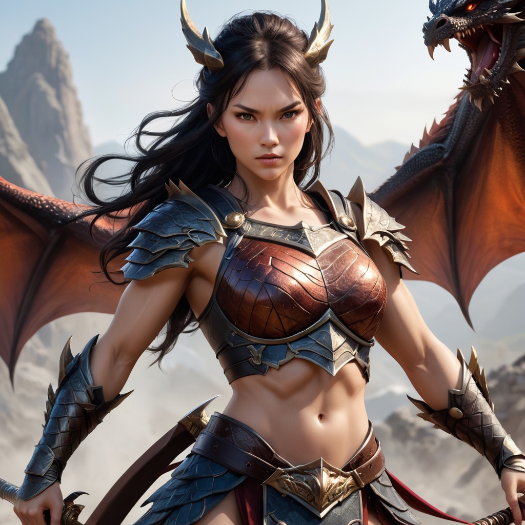 Generate hyper realistic image of a fierce dragon female warrior with a lithe and agile physique,  her muscles rippling wi...